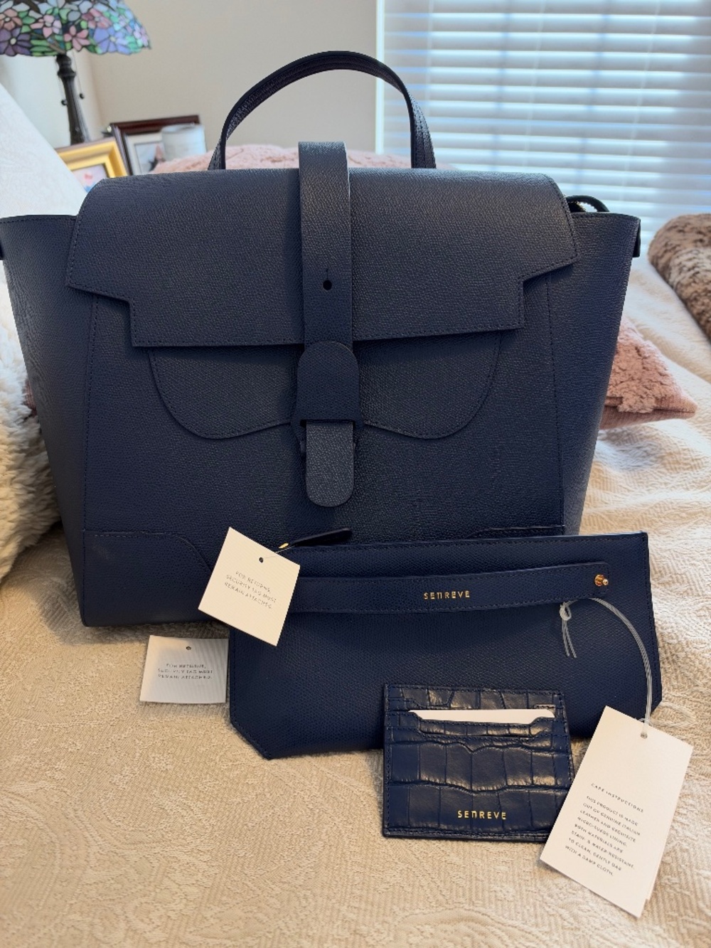SENREVE Full Size Maestra Navy Leather Convertible Bag + Pouch & Cardholder